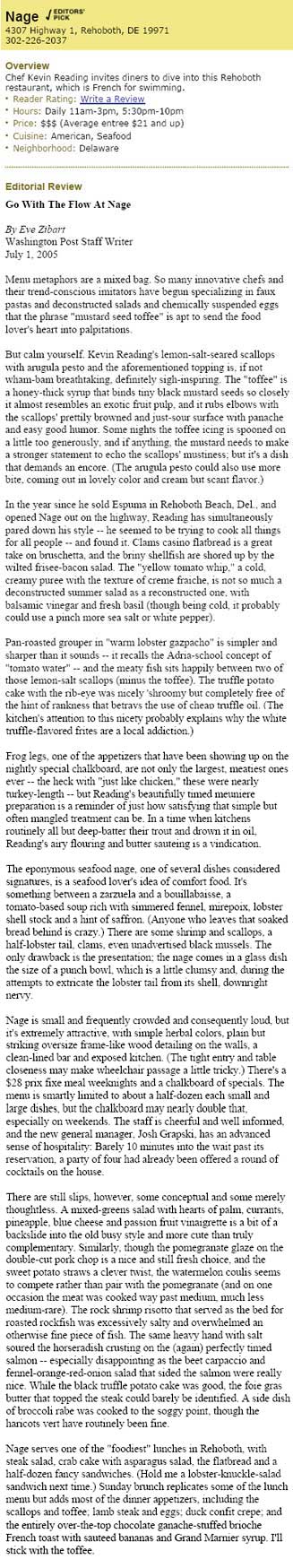 Washington Post Review of Nage Restaurant Washington, DC & Rehoboth, DE